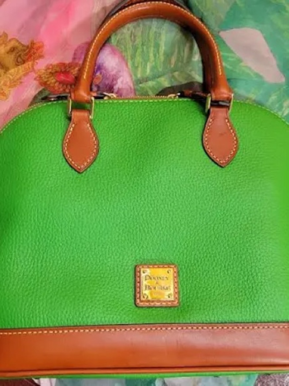 Dooney & Bourke Bright Green Pebble Grain Satchel with Brown Trim